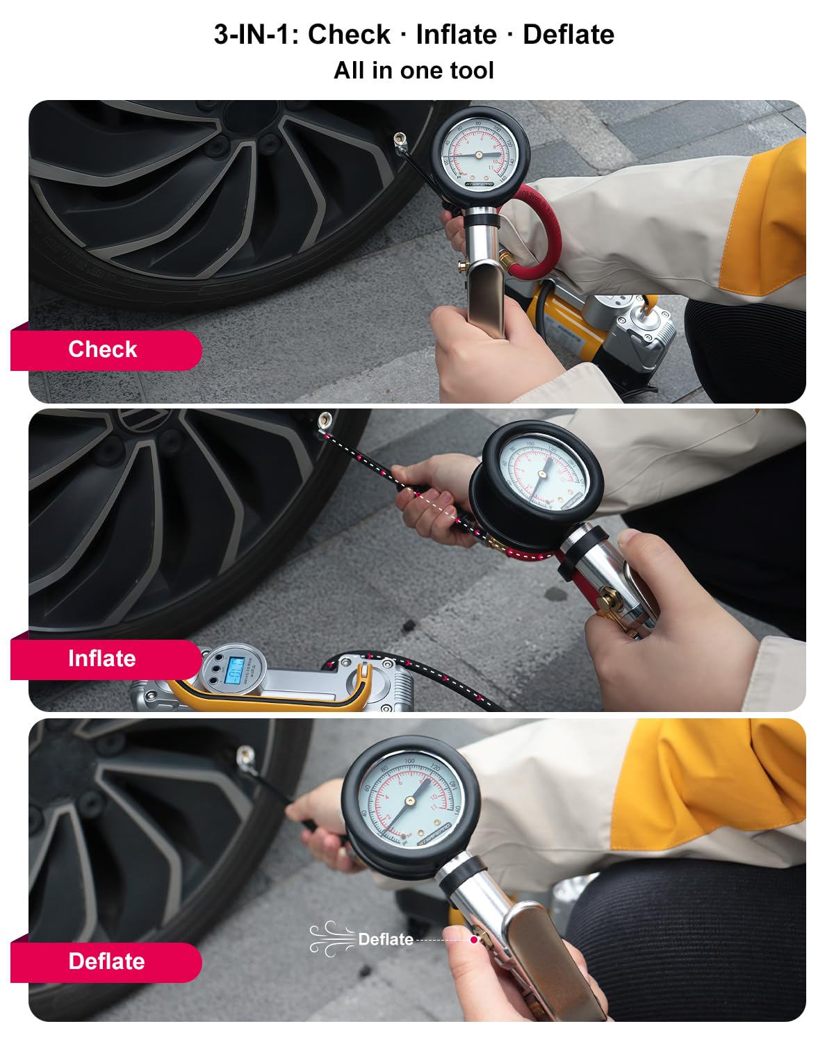 ATsafepro Inflador de neumáticos con manómetro, 10-160 PSI, mandril...