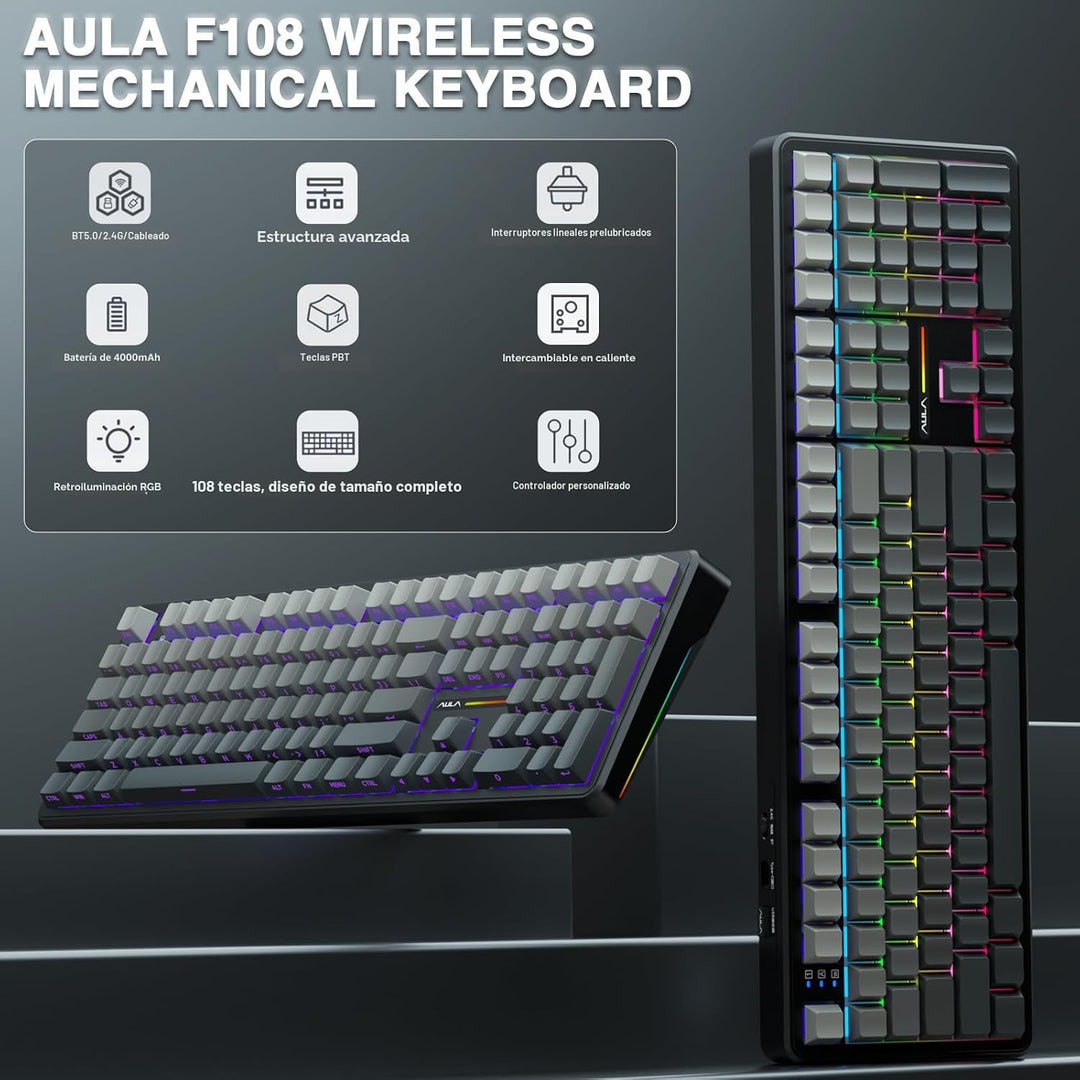 AULA Teclado mecánico inalámbrico F108, teclado para juegos de tama...