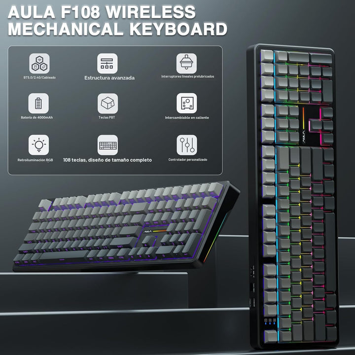 AULA Teclado mecánico inalámbrico F108, teclado para juegos de tama...