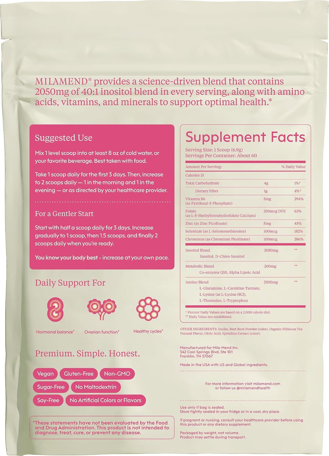 Milamend Equilibrio Hormonal para Mujeres 40:1 Myo-Inositol D-Chiro...