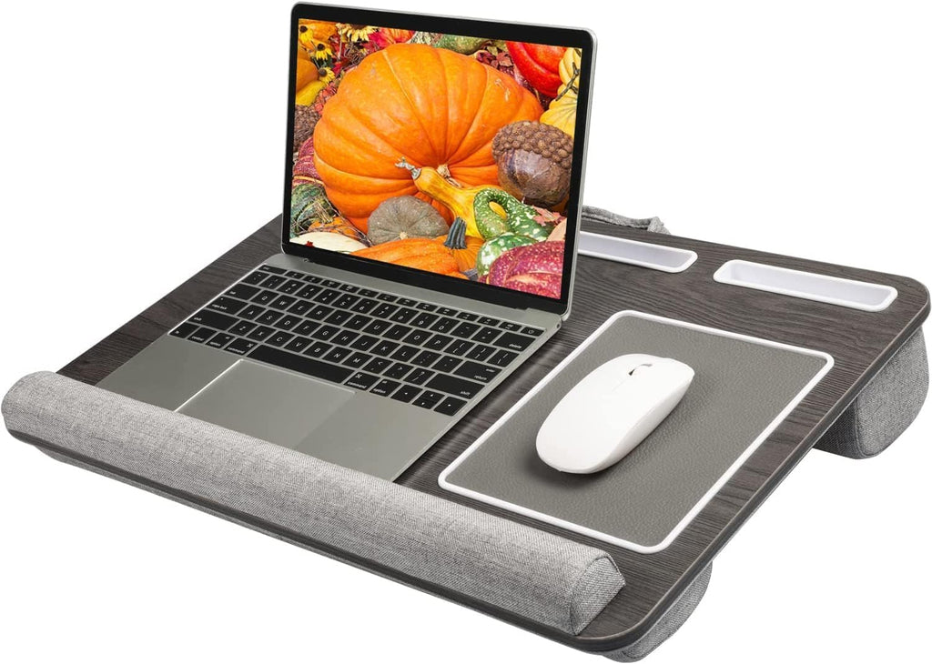 HUANUO - Escritorio portátil. Se adapta a laptops de hasta 17 pulgadas, almohadilla de muñeca integrada, para laptop, MacBook, tablet; soporte para laptop con sujeción para tablet, bolígrafo y teléfono (imitación de madera negra, grande)