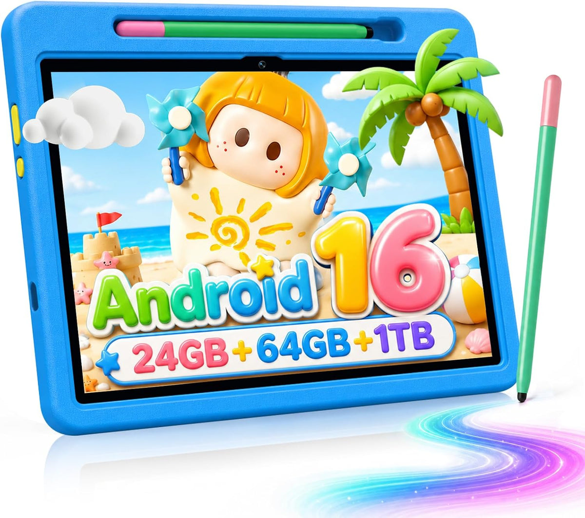 Tablet para niños Android 16 HD de 10 pulgadas con lápiz y funda, 24GB RAM 64GB ROM 1TB