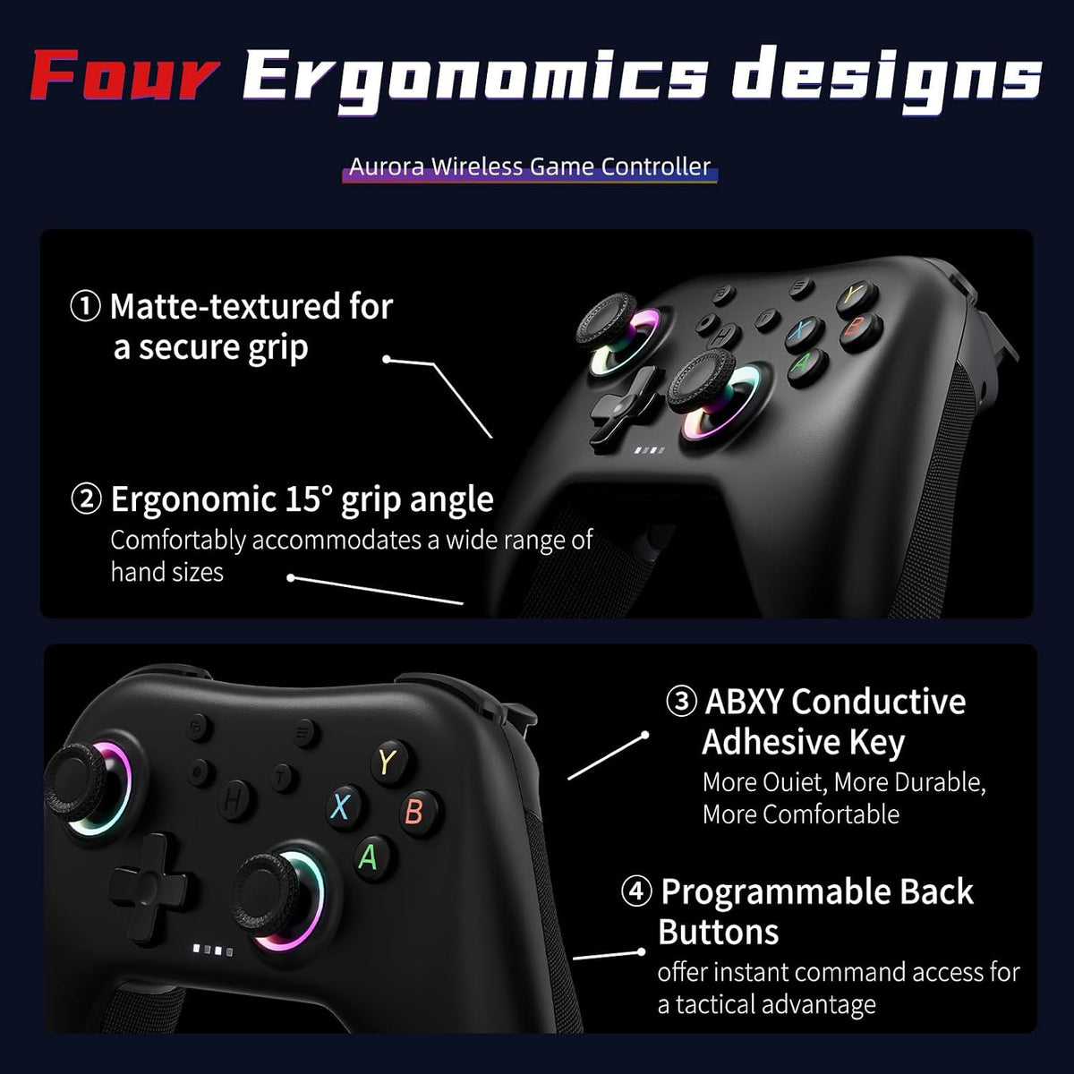 AceGamer Aurora II Controlador inalámbrico 2.4G y Bluetooth para PC/Android/Switch/iOS/Switch 2/Steam Deck con motores rotativos, joysticks RGB con efecto Hall - Controlador para PC mejorado con bloqueo de botones traseros