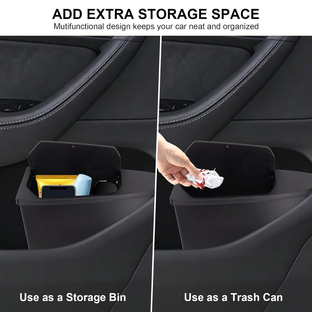 Safego Bote de basura para puerta delantera de automóvil para Tesla Model Y Juniper/YL 2026 2025, paquete de 2 cajas de almacenamiento para puerta lateral, accesorios organizadores con diseño de tapa