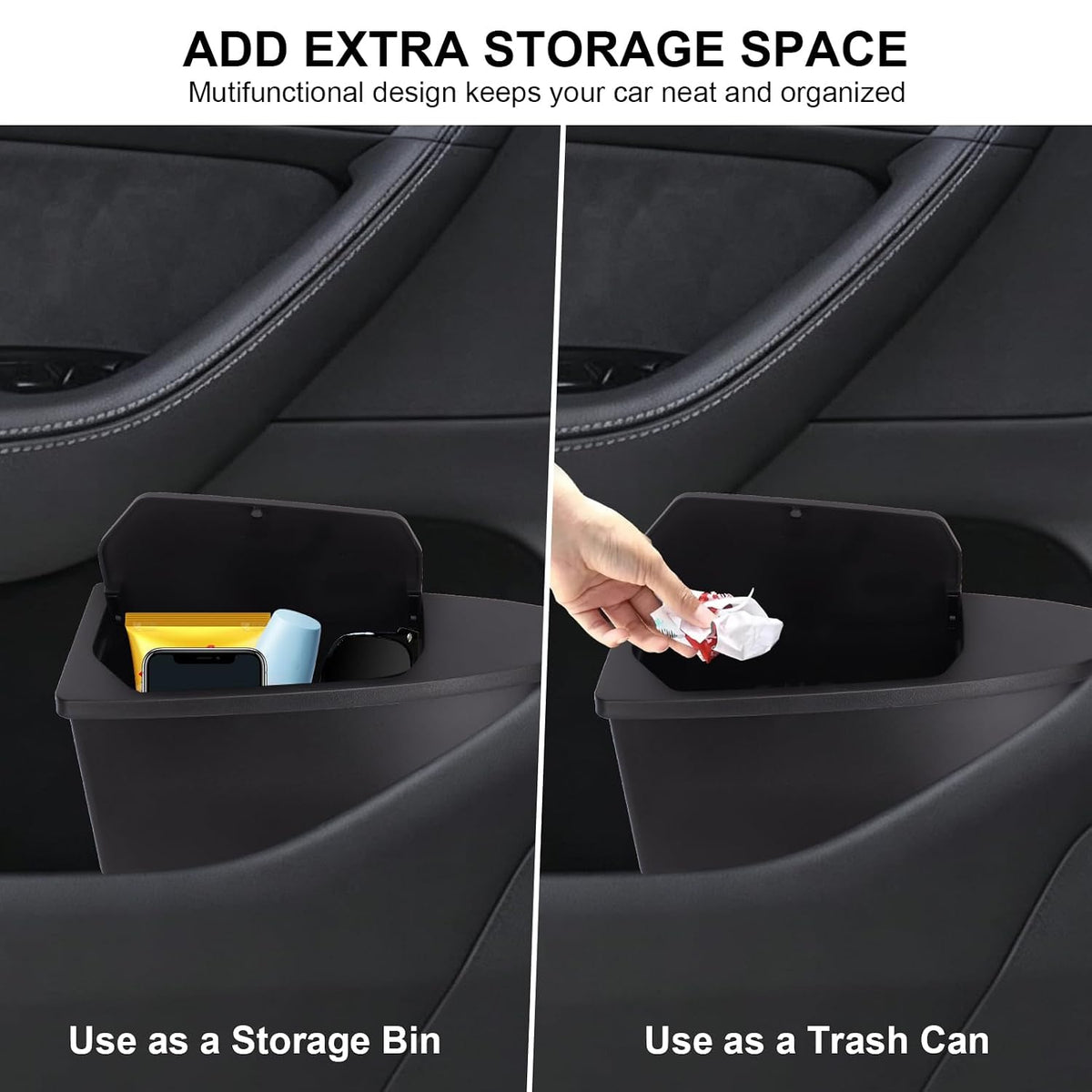 Safego Bote de basura para puerta delantera de automóvil para Tesla Model Y Juniper/YL 2026 2025, paquete de 2 cajas de almacenamiento para puerta lateral, accesorios organizadores con diseño de tapa