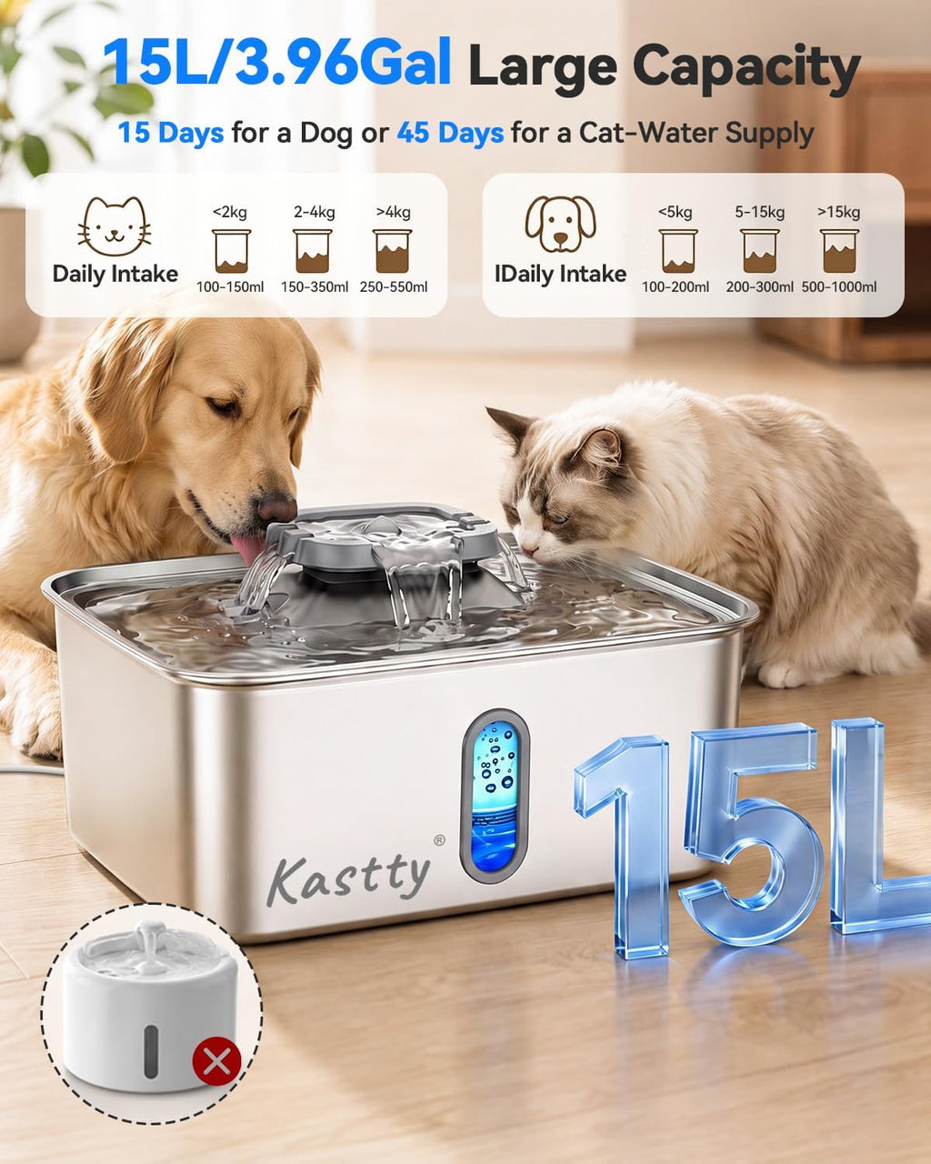Kastty Fuente de agua para perros de acero inoxidable 4Gal/15L para