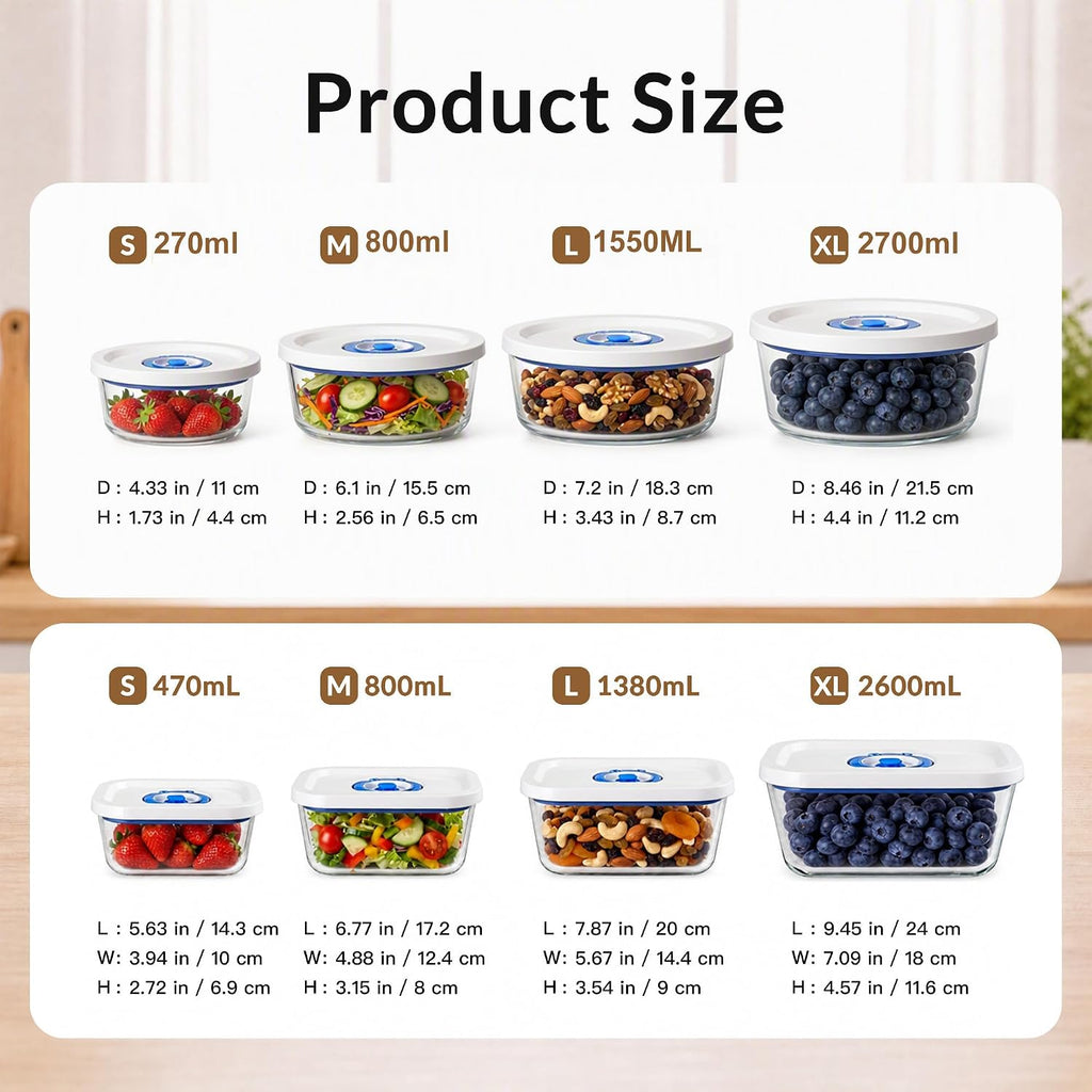 Juego de recipientes de vacío de vidrio borosilicato redondos resistentes al calor, tarros herméticos S, M, L, XL, universales compatibles con máquinas de sellado de mano y de escritorio