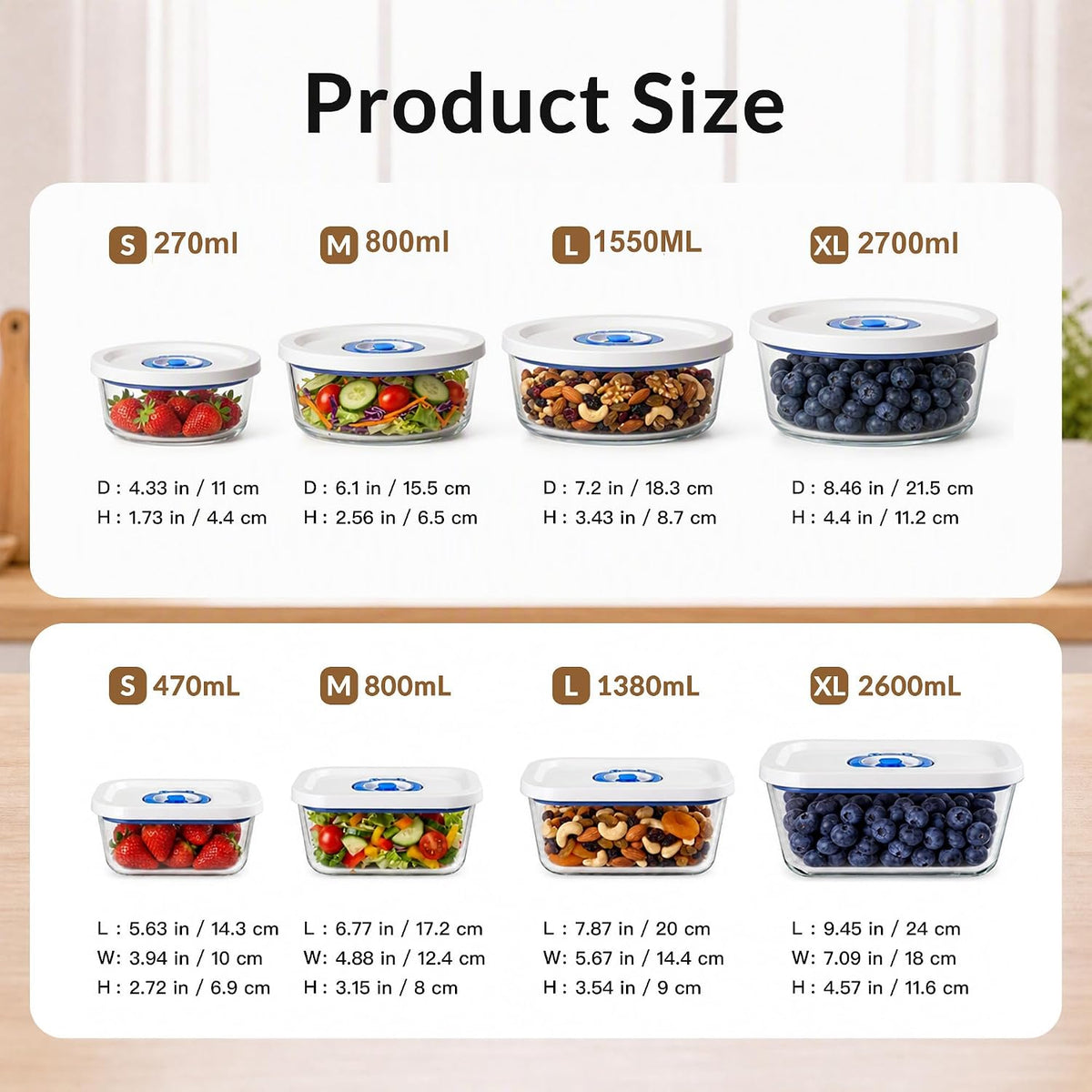 Juego de recipientes de vacío de vidrio borosilicato redondos resistentes al calor, tarros herméticos S, M, L, XL, universales compatibles con máquinas de sellado de mano y de escritorio