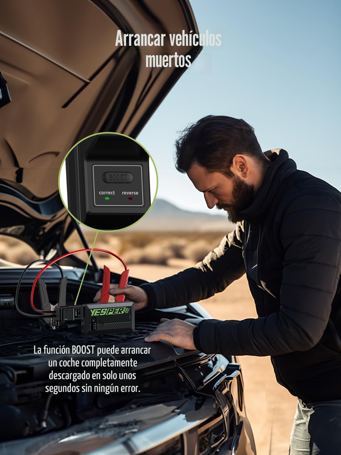 YESPER Arrancador portátil, Arrancador de motocicleta de pico de 1500A, Caja de arranque para arrancador portátil de auto, Paquete de refuerzo automático de 12V (hasta 7L de gas y motor diésel de 5.5L