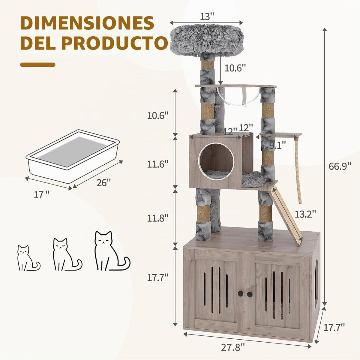 Garvee Caja de arena para gatos con torre de árbol para gatos y condominio, muebles ocultos para baño para gatos con poste rascador de sisal y percha de felpa suave, muebles de madera para gatos con múltiples plataformas