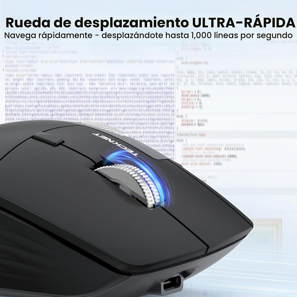 TECKNET Ratón inalámbrico ergonómico, mouse Bluetooth (BT 5.3/5.0 y 2.4G y cableado), mouse recargable con desplazamiento ultrarrápido, desplazamiento lateral, 6 niveles DPI, clics silenciosos, mouse