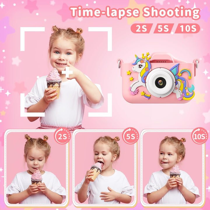 Cámara de unicornio rosa para niños, cámara digital para niños pequ...