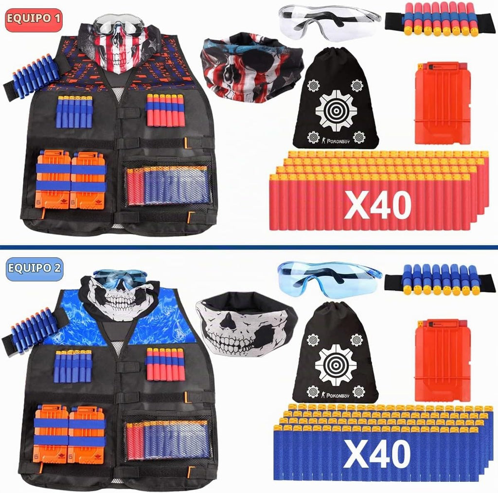 2 juegos de chaleco táctico Exsport, 2 chaquetas tácticas de élite para pistola Pack N-Strike 2 manos de muñeca, 2 clips de recarga rápida, 2 anteojos de protección y 2 máscaras para niños