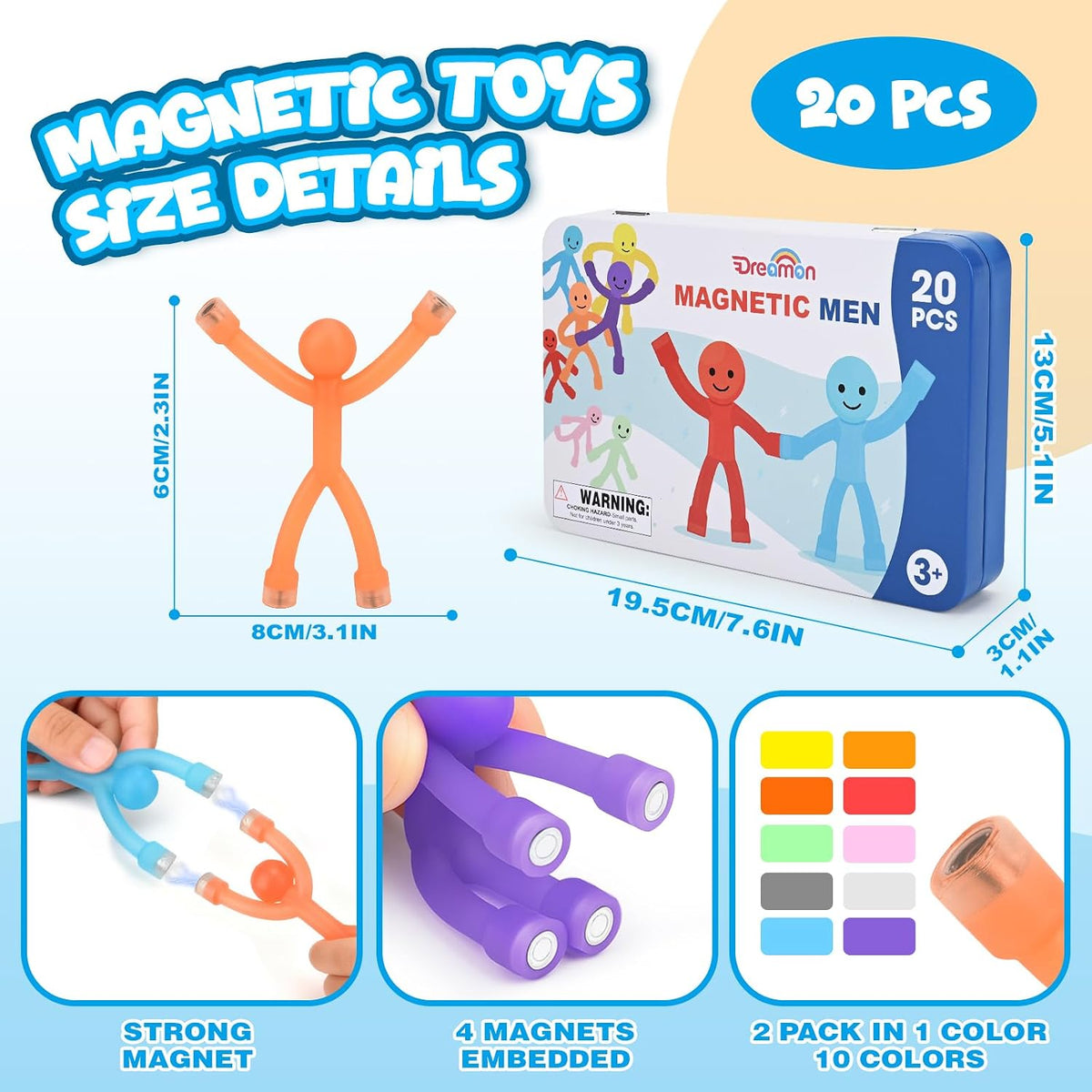 20pcs juguetes magnéticos del viaje, hombres de los imanes para los niños con la caja portátil del metal