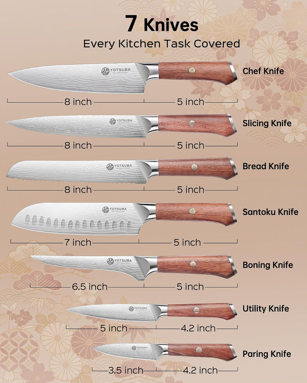 YOTSUBA Juego de 7 cuchillos de cocina japoneses con mango ergonómico de palisandro natural genuino y caja de regalo, cuchillos profesionales de acero inoxidable de alto carbono ultra afilados para