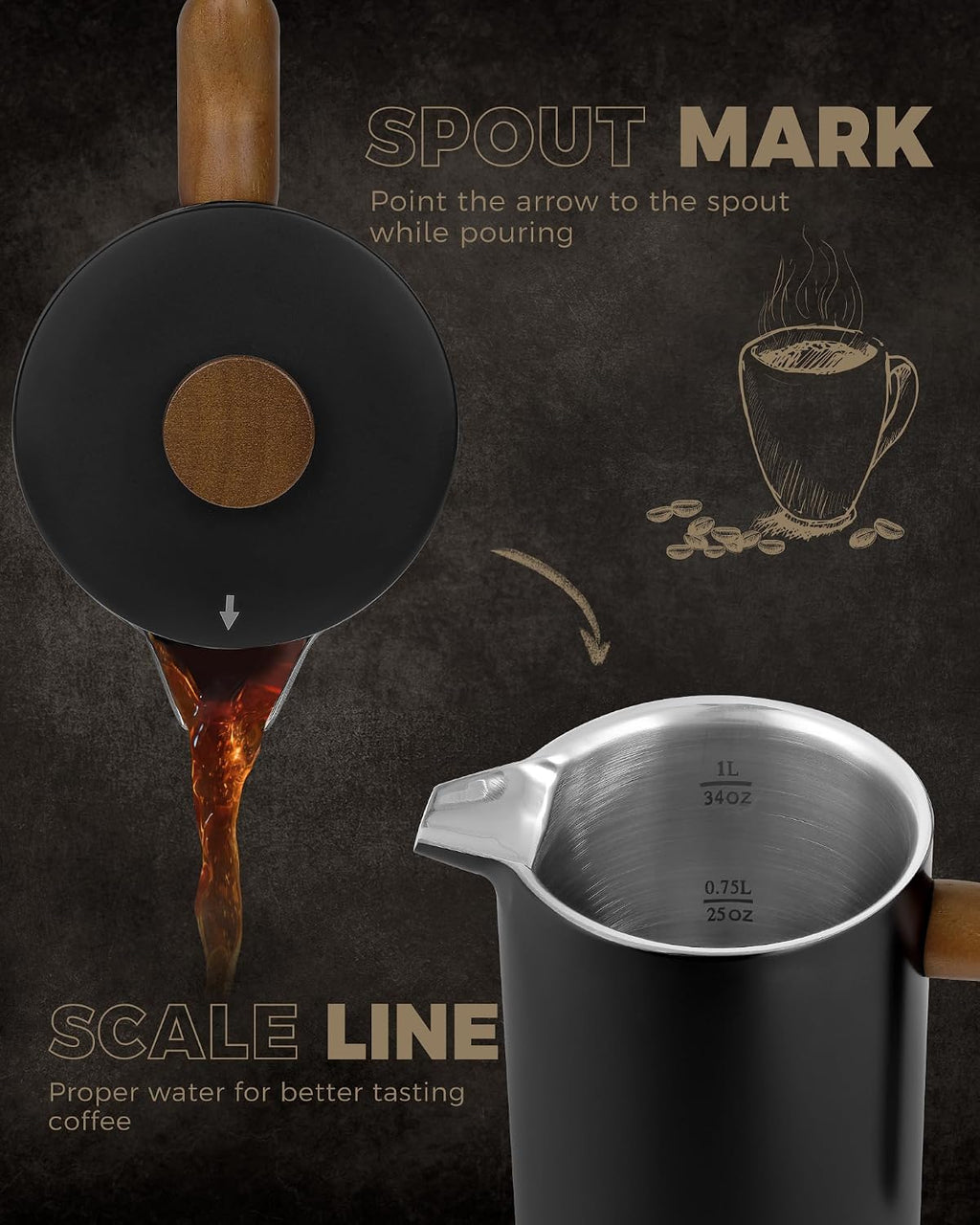 POLIVIAR - Cafetera de prensa francesa, prensa de café de 34 onzas con mango de madera real, aislamiento de doble pared y pantalla de doble filtro, acero inoxidable de grado alimenticio para un buen