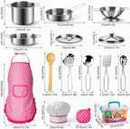 Tigerhu 26 accesorios de cocina de juguete, juguetes de cocina con utensilios de cocina de acero inoxidable, delantal y sombrero de chef, juego de ollas y sartenes, alimentos para cortar, grandes
