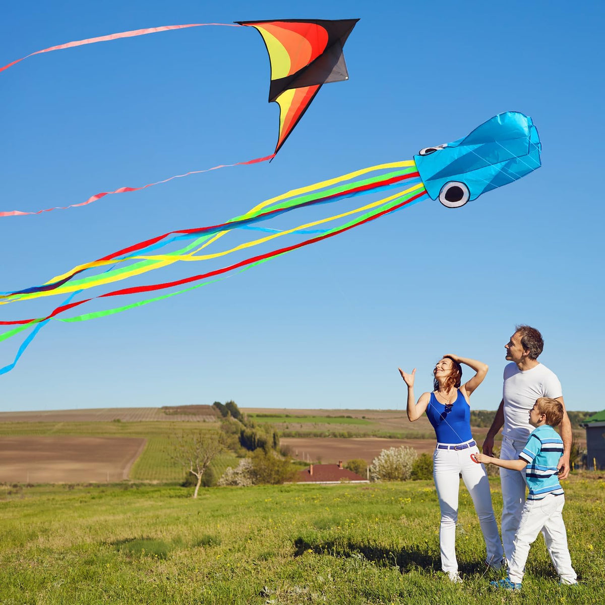 Cometas grandes de pulpo para niños y adultos, cometa grande para principiantes, cometas para niños de 4 a 8 años, actividades al aire libre con línea y mango