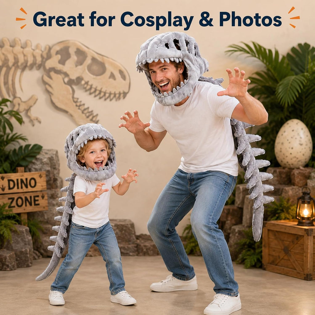 Disfraz de esqueleto de dinosaurio, juguetes de peluche de espinosaurio 3D con calavera y columna vertebral, cosplay de Halloween y disfraz de fiesta