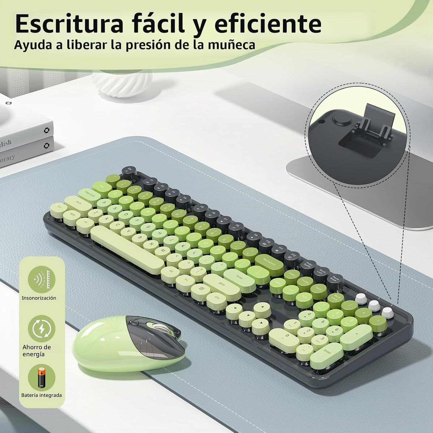 Teclado y ratón inalámbricos, MOFII con teclas redondas de 104 tecl...