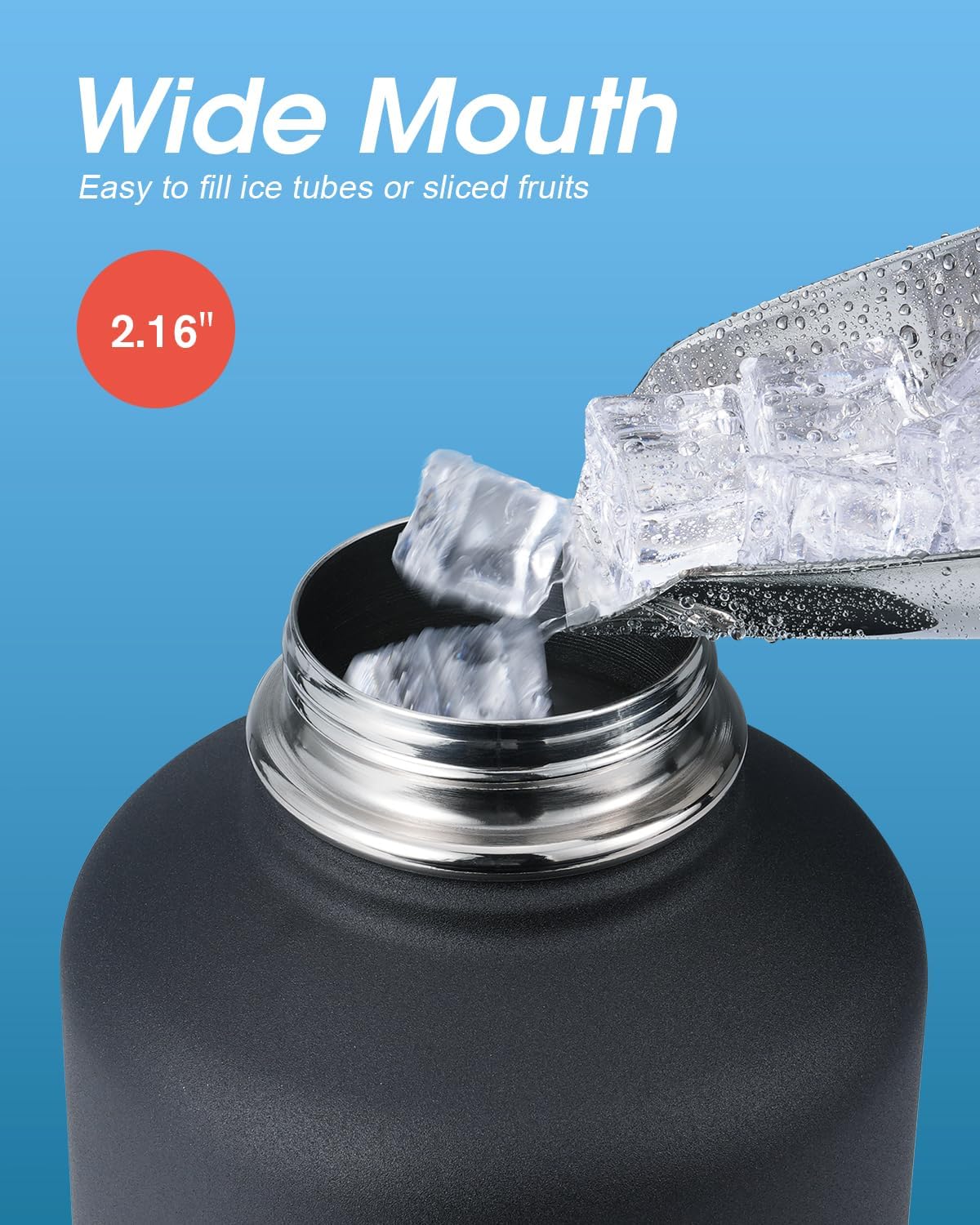 Coolflask botella de agua térmica de 64 onzas con tapa con popote y tapa con boca, botella de agua de medio galón con boca ancha, evita la condensación, sin bisfenol A, mantiene las bebidas frías durante 48 horas o calientes durante 24 horas, color negro