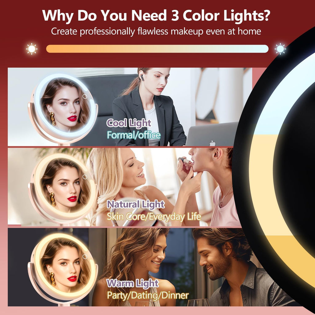 MIYADIVA Espejo de maquillaje con luces, espejo de aumento 20X con luz e interruptor táctil, espejo de tocador con 3 luces de color y 80 LED, espejos ampliados iluminados de 2 lados de 8.8 pulgadas, rosa