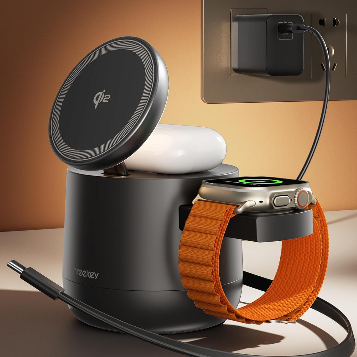 Estación de carga inalámbrica magnética Qi2 4 en 1, cargador rápido de 15 W con módulo de carga hecho para Apple Watch, para iPhone 18-12 Series y AirPods, adaptador de 65 W incluido