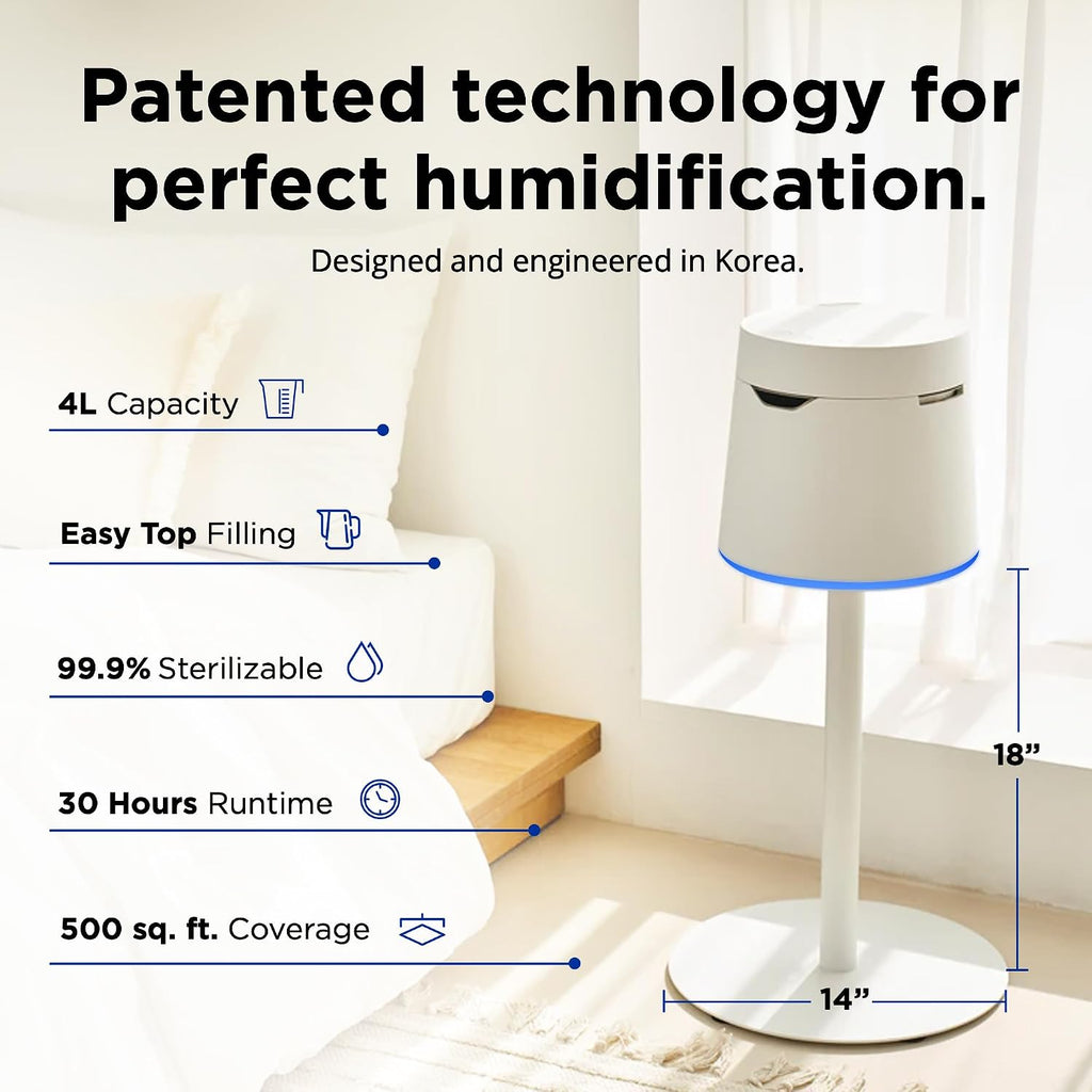 Carepod One Plus con soporte, humidificador de acero inoxidable para habitación grande con luz de estado de ánimo, silencioso y seguro para el bebé, solo 3 piezas lavables, humidificadores