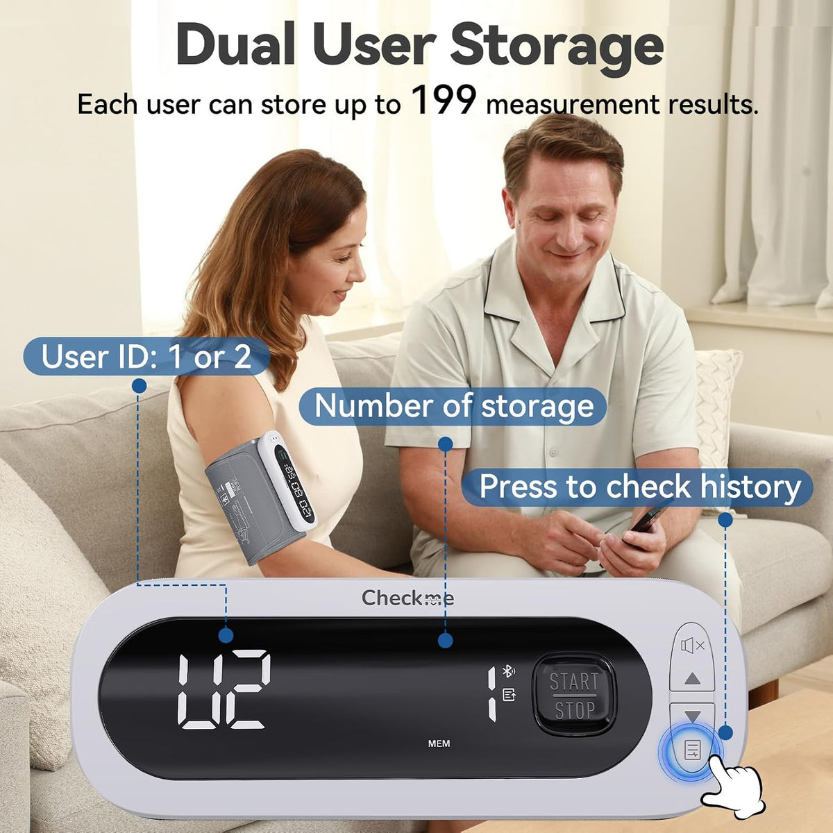 Checkme Monitor de presión arterial recargable, máquina automática de presión arterial superior del brazo, números claros grandes, modo de 2 usuarios, 2 x 199 recuerdos, puño grande, almacenamiento ilimitado en la nube a través de la aplicación Bluetooth