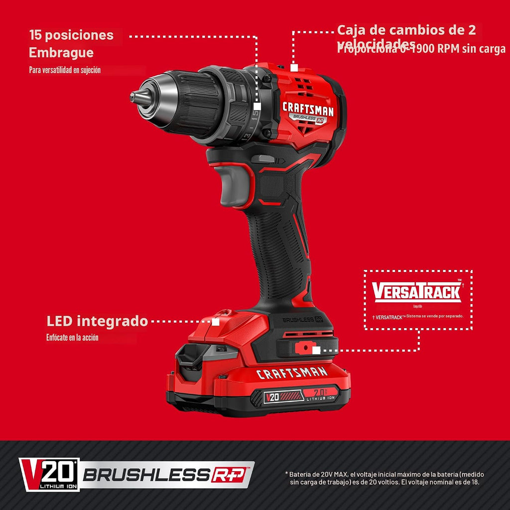 CRAFTSMAN V20 BRUSHLESS RP Taladro Atornillador, Batería y Cargador (CMCD714D1)