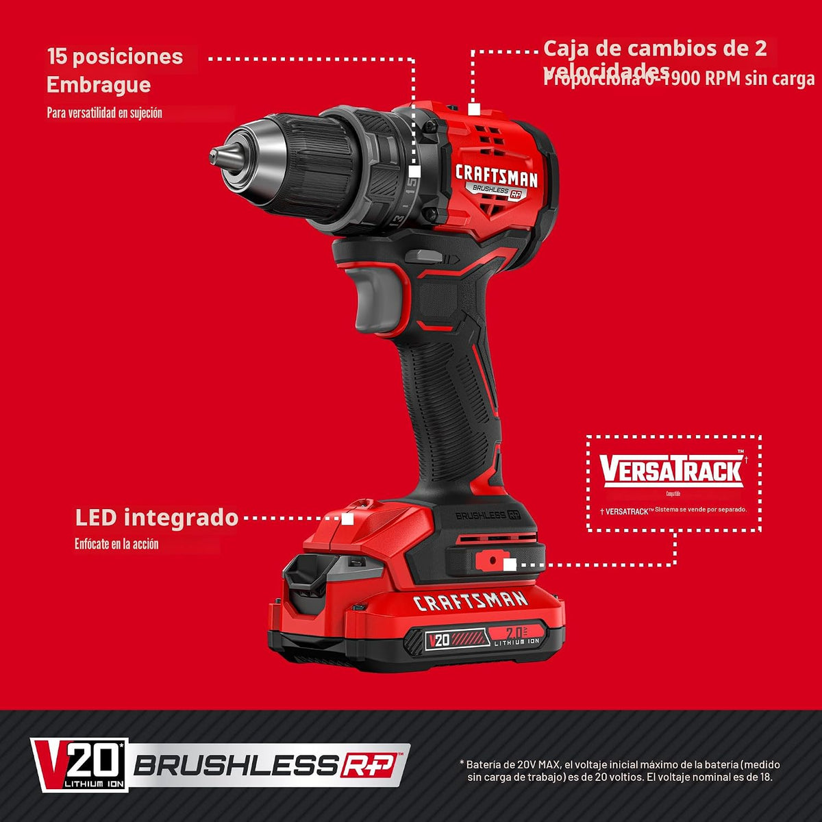 CRAFTSMAN V20 BRUSHLESS RP Taladro Atornillador, Batería y Cargador (CMCD714D1)