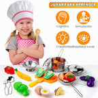 Tigerhu 26 accesorios de cocina de juguete, juguetes de cocina con utensilios de cocina de acero inoxidable, delantal y sombrero de chef, juego de ollas y sartenes, alimentos para cortar, grandes