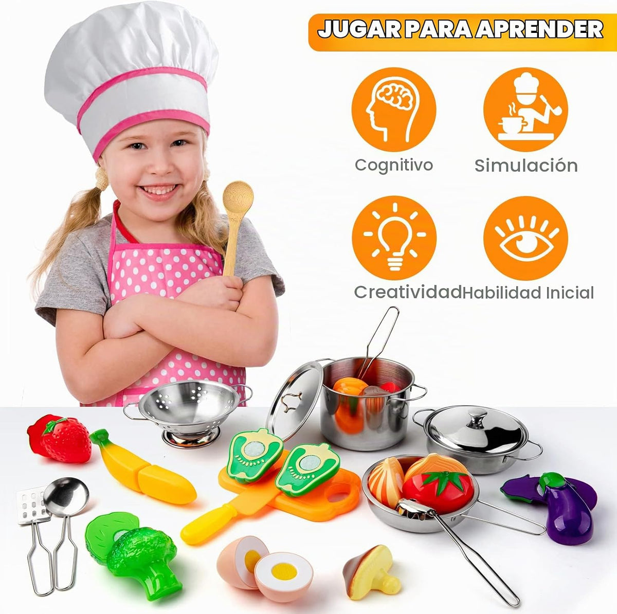 Tigerhu 26 accesorios de cocina de juguete, juguetes de cocina con utensilios de cocina de acero inoxidable, delantal y sombrero de chef, juego de ollas y sartenes, alimentos para cortar, grandes