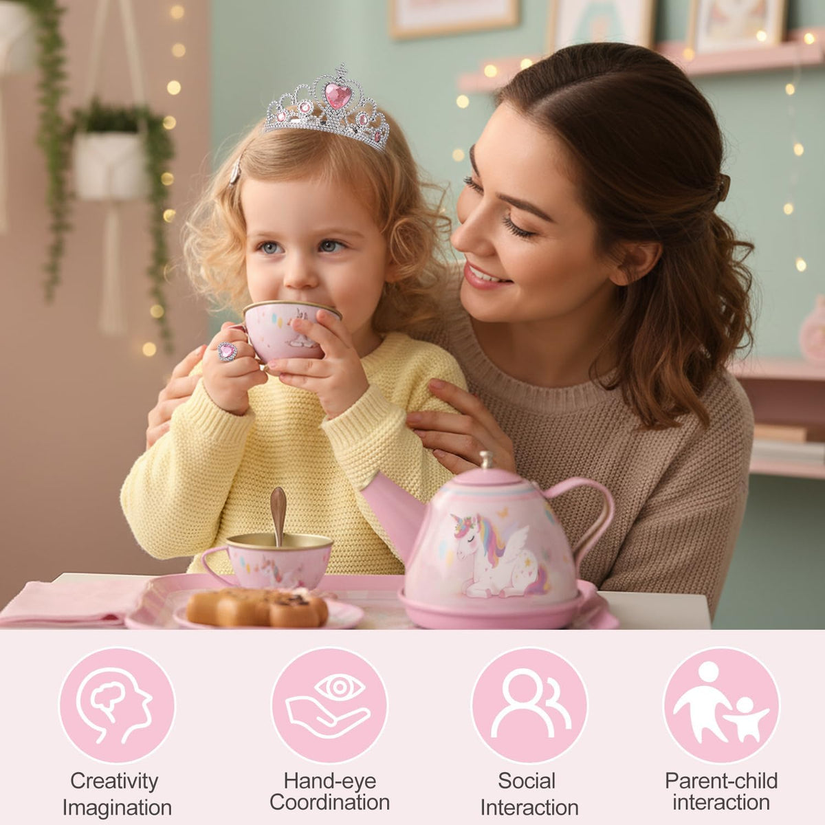 iAOVUEBY Juego de fiesta de té para niñas pequeñas, 49 juguetes de princesa para la hora del té, incluyendo estuche de transporte de postre Teaset, juguetes de cocina para niños, regalos de cumpleaños para niñas pequeñas para niños de 3 a 8 años, sueño
