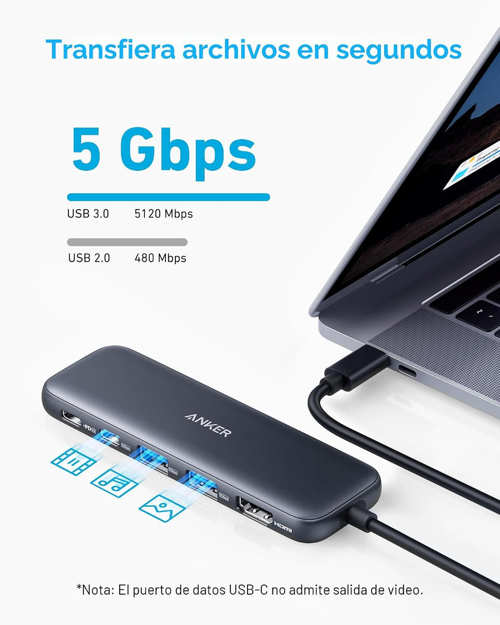 Anker Hub USB C, divisor USBC a HDMI 5 en 1 con pantalla 4K, 1 puer...