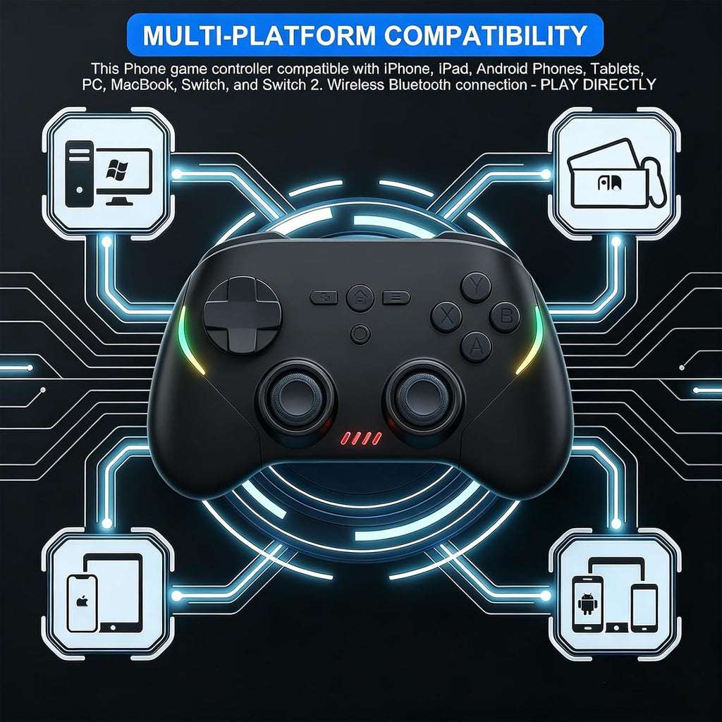 Controlador de juego inalámbrico para Android/iPhone/iPad/iOS/Tablet/Windows PC/Switch 2, Bluetooth Teléfono Móvil Gamepad con Joysticks Hall / Hall Triggers/Luces RGB/ Vibración/Giroscopio de seis