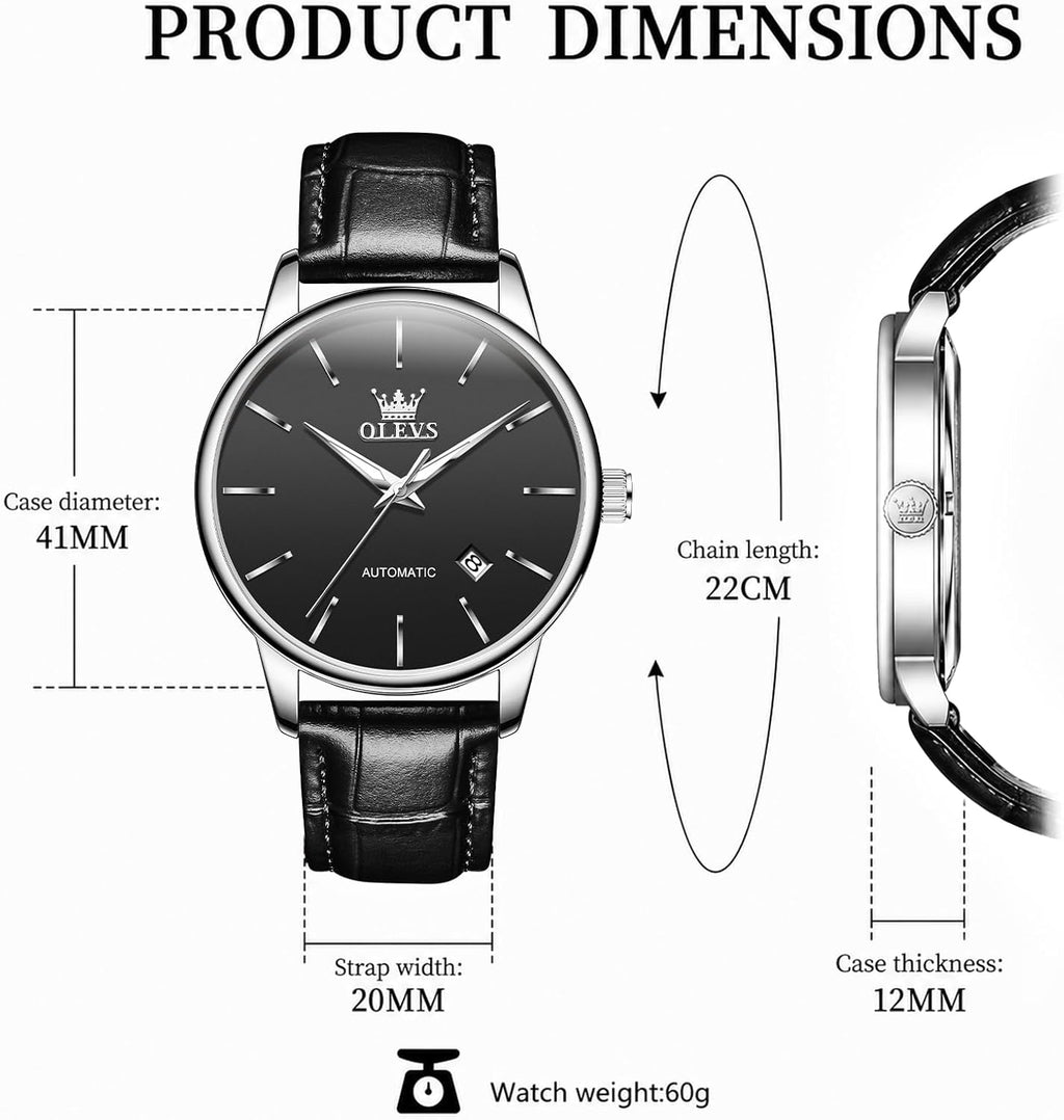 OLEVS Reloj de vestir automático mecánico de lujo para hombre, correa de cuero marrón y negro, impermeable, casual, de negocios, de cuerda automática, fácil de leer, relojes para hombre