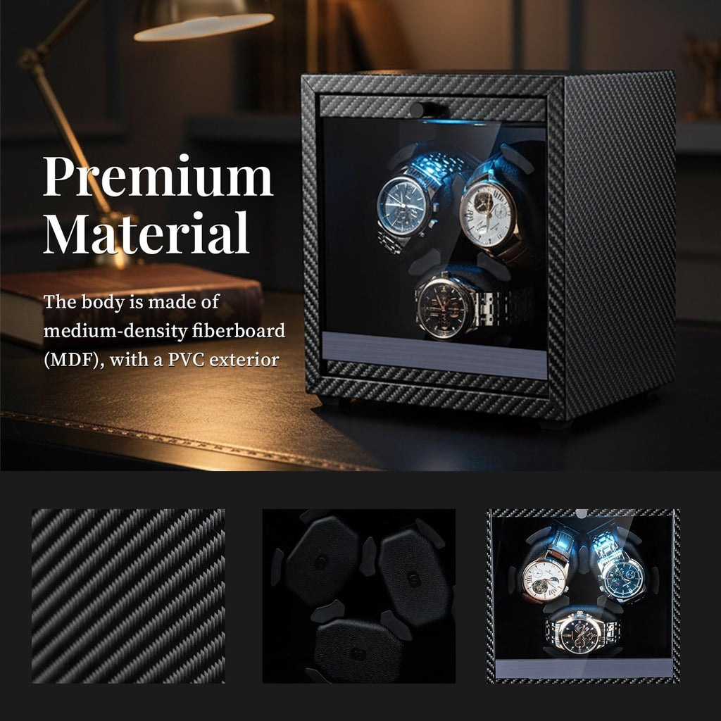 Mcbazel Enrollador de reloj para relojes automáticos, 4 modos de rotación con motor súper silencioso, luz LED azul, almohadas de espuma viscoelástica, regalo para hombres y mujeres [negro]