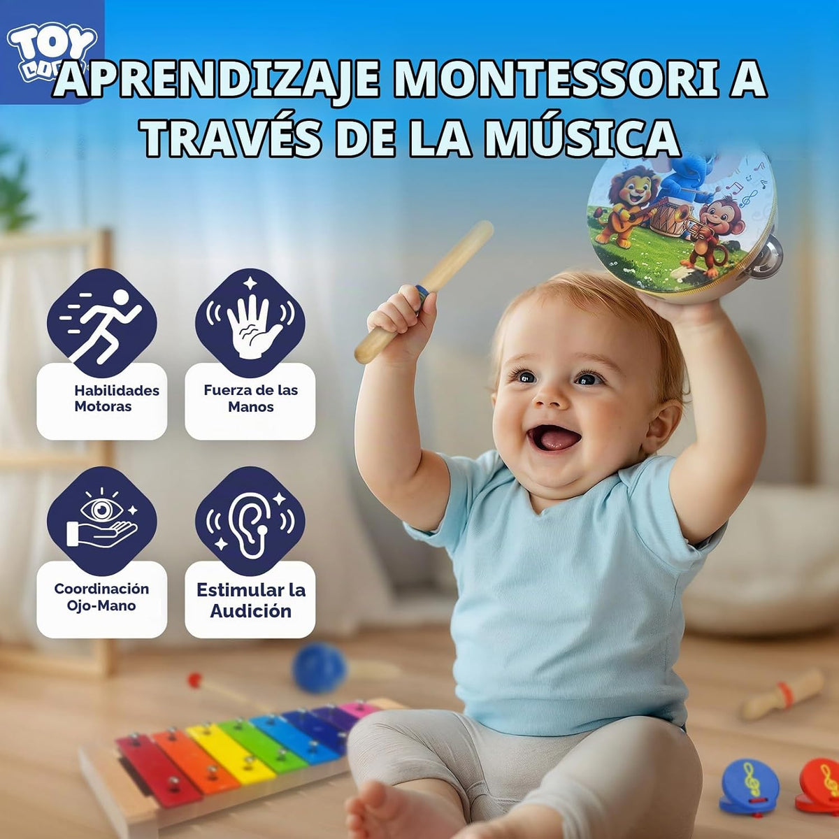 TOY Life Instrumentos musicales para niños pequeños, juguetes musicales para bebés de 1 a 3 años, juguetes de madera Montessori, juego de instrumentos de percusión con pandereta xilófono Maracas para niños de educación preescolar