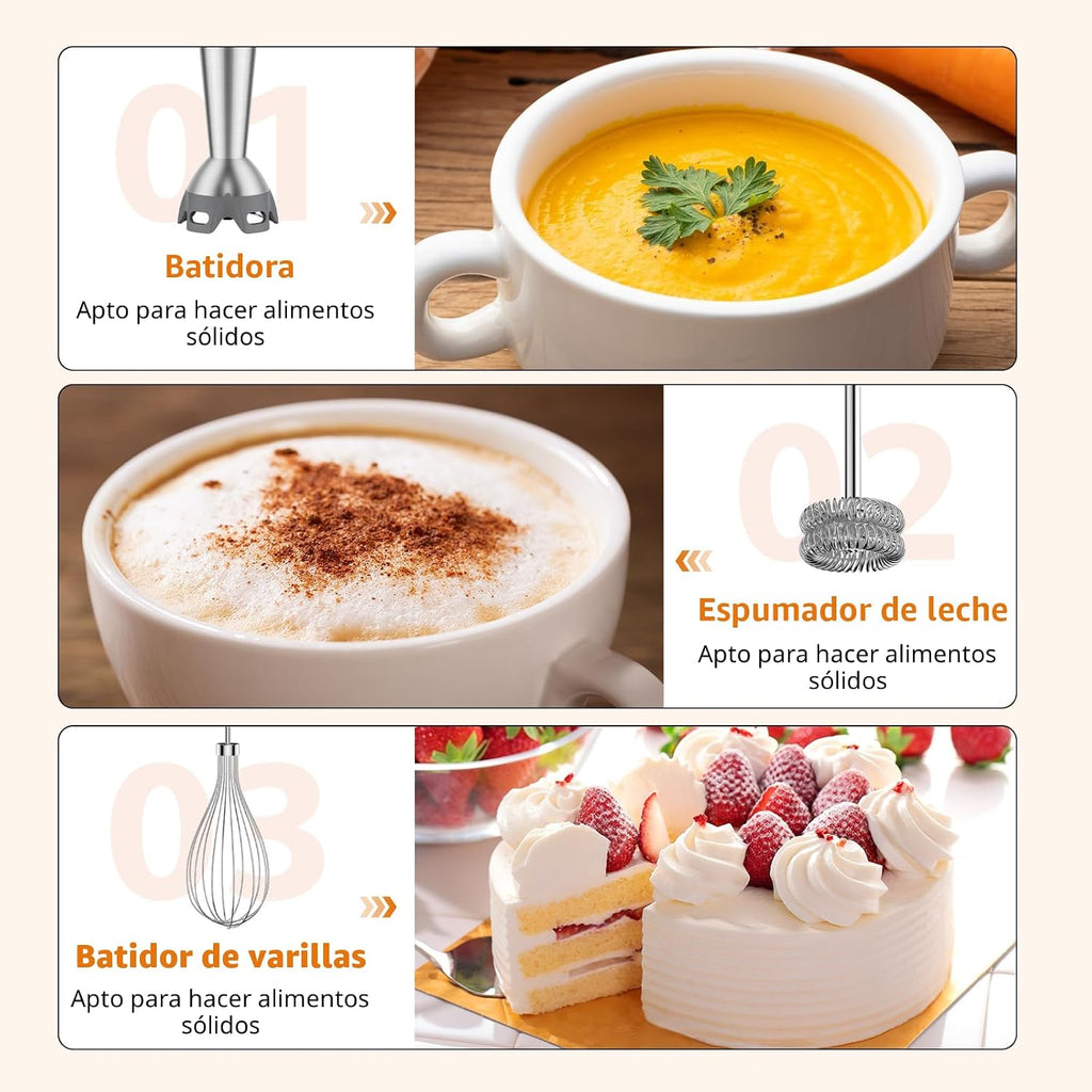 KOIOS - Batidora de inmersión de 1000W, 3 en 1, batidora de mano antiarañazos, batidora de palo de acero inoxidable mejorada de 12 velocidades con modo turbo, batidora y espumador de leche, sin BPA