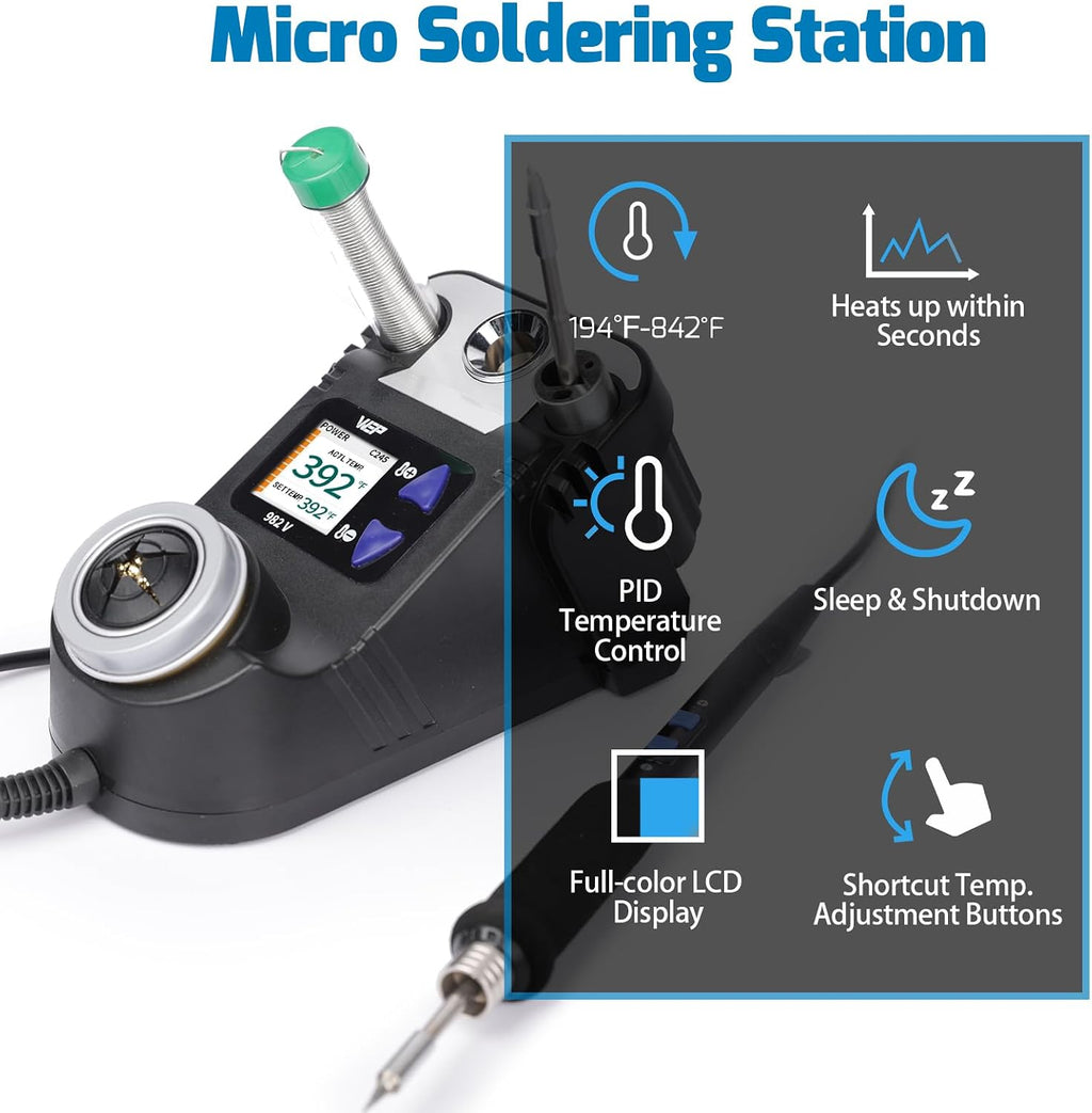 WEP 982-V Kit de Soldadura Micro con 5 puntas C245 para soldador, control de temperatura, modo de suspensión, apagado automático y pantalla LCD