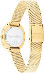 Calvin Klein Reloj de acero inoxidable con bisel trenzado para mujer, caja ovalada de 0.945 in, pulsera de malla, esfera de rayos solares, diseño elegante, regalo para ella