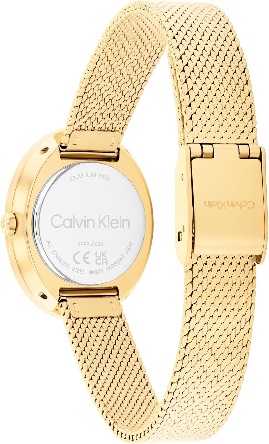 Calvin Klein Reloj de acero inoxidable con bisel trenzado para mujer, caja ovalada de 0.945 in, pulsera de malla, esfera de rayos solares, diseño elegante, regalo para ella