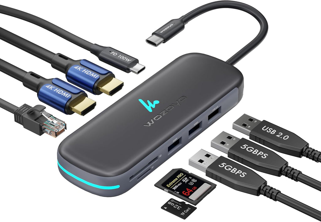 Estación de acoplamiento Wozoyo tipo C 9 en 1 con 2 puertos USB 5 Gbps, 2 x 4K HDMI, Gigabit Ethernet, lector de tarjetas SD y TF, PD 100 W, USB 2.0, USB-C Hub, compatible con Thunderbolt 4, macOS