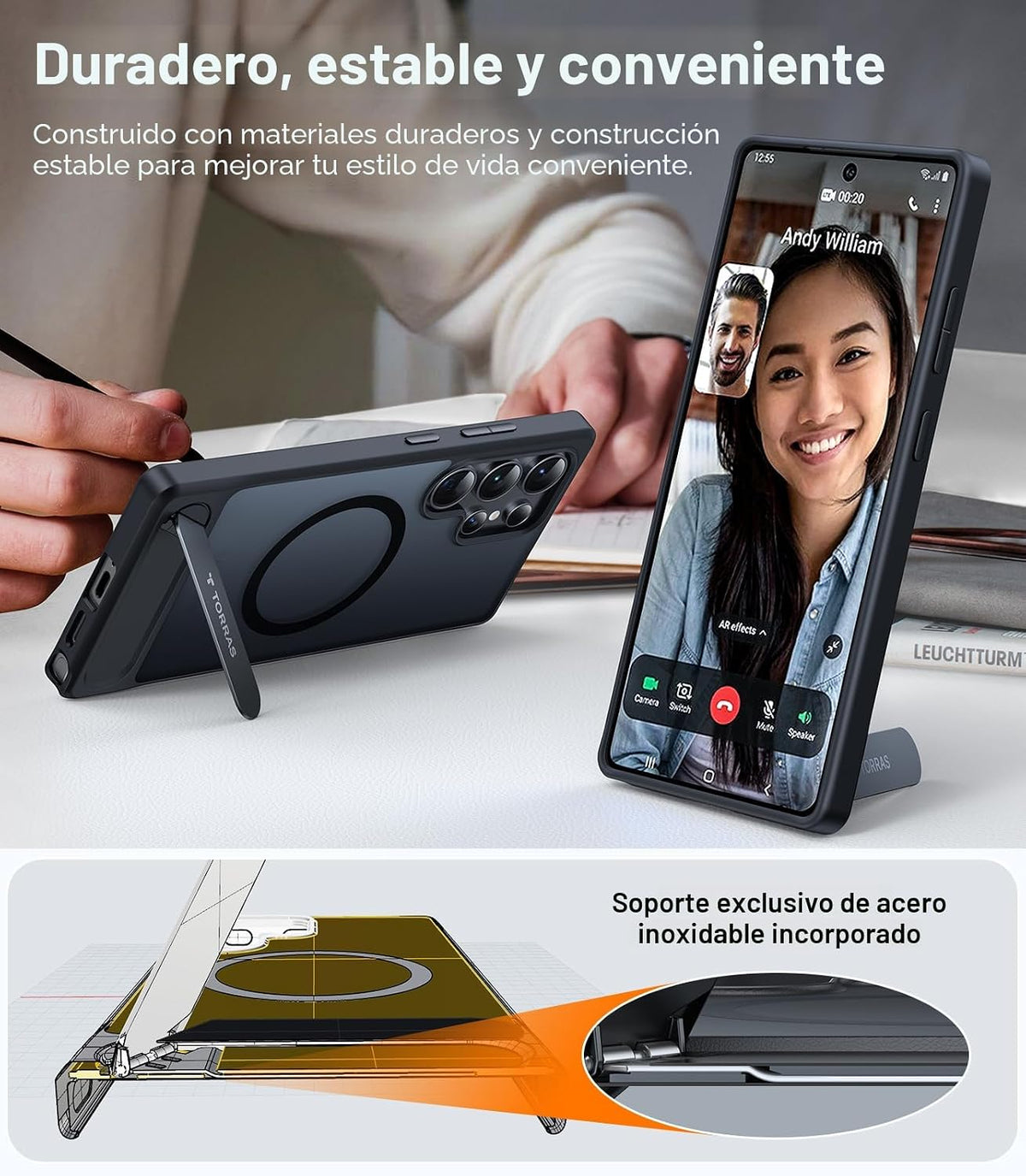 TORRAS Fuerte soporte magnético y sin costuras para Samsung Galaxy S25 Ultra, compatible con MagSafe, protección contra caídas de grado militar, soporte con función atril para Samsung Galaxy S25 Ultra