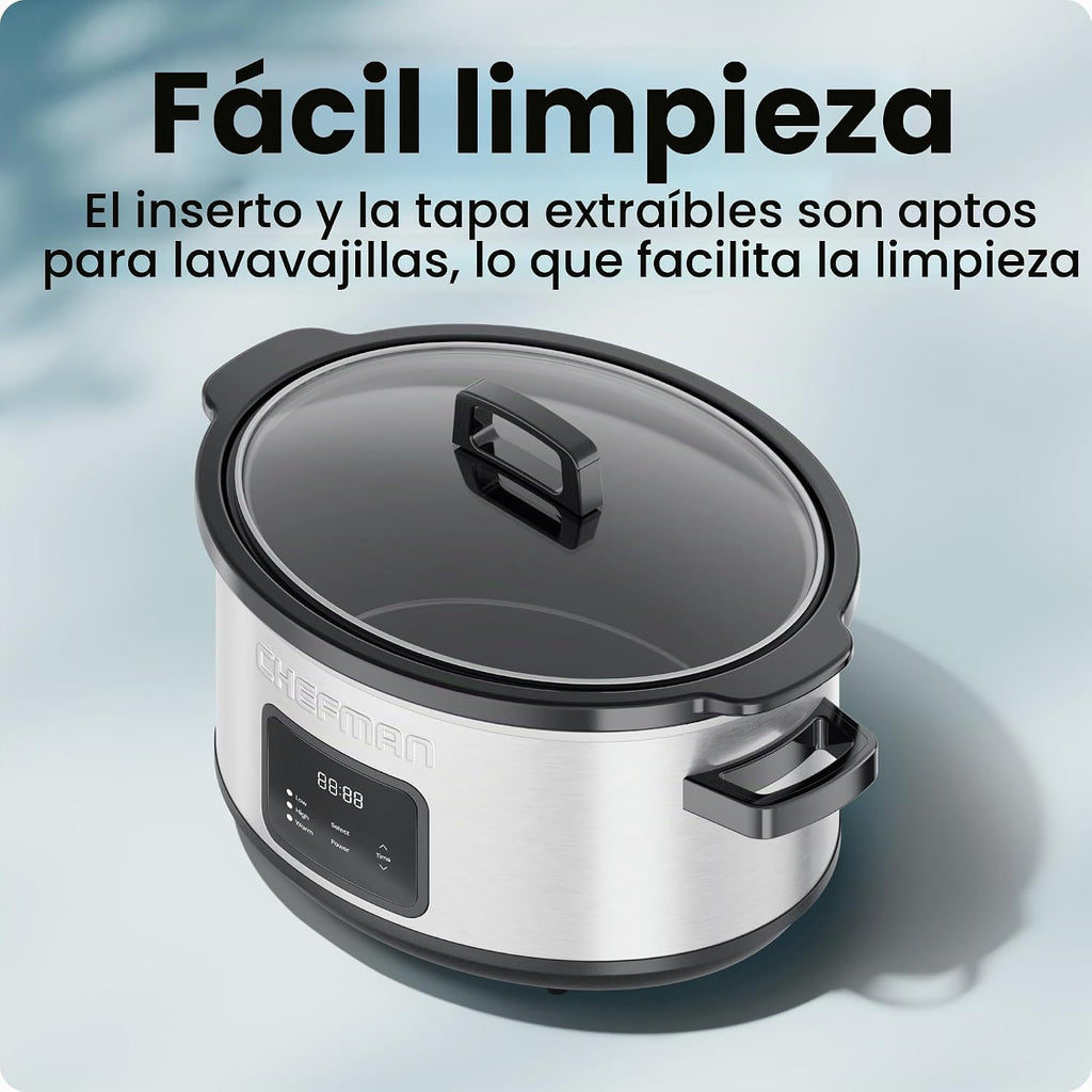 Chefman Olla de cocción lenta digital programable de tamaño familiar grande de 7 cuartos de galón con temporizador de 24 horas, ajustes bajos, altos y cálidos, cerámica Crock, tapa de vidrio templado