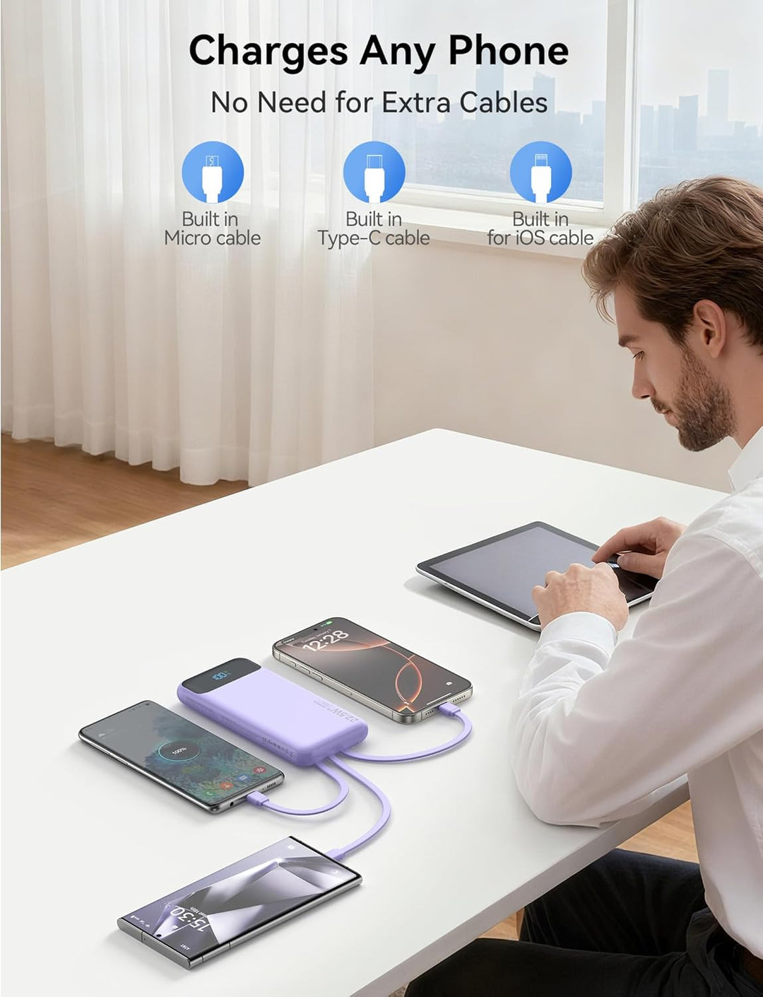 Cargador portátil de 10000 mAh integrado con 4 cables, cargador de...