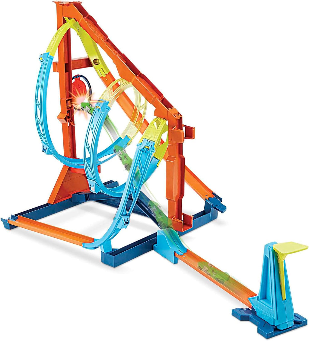 Hot Wheels Juego de pistas de coche de juguete, kit de torsión de sacacorchos ilimitado y vehículo a escala 1:64, 2 formas de correr, se conecta a otras pistas