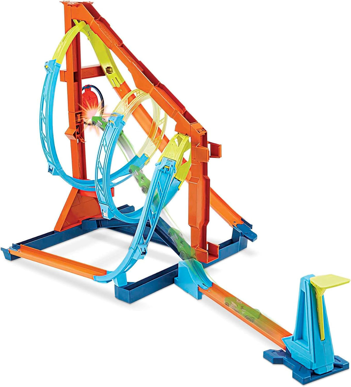 Hot Wheels Juego de pistas de coche de juguete, kit de torsión de sacacorchos ilimitado y vehículo a escala 1:64, 2 formas de correr, se conecta a otras pistas
