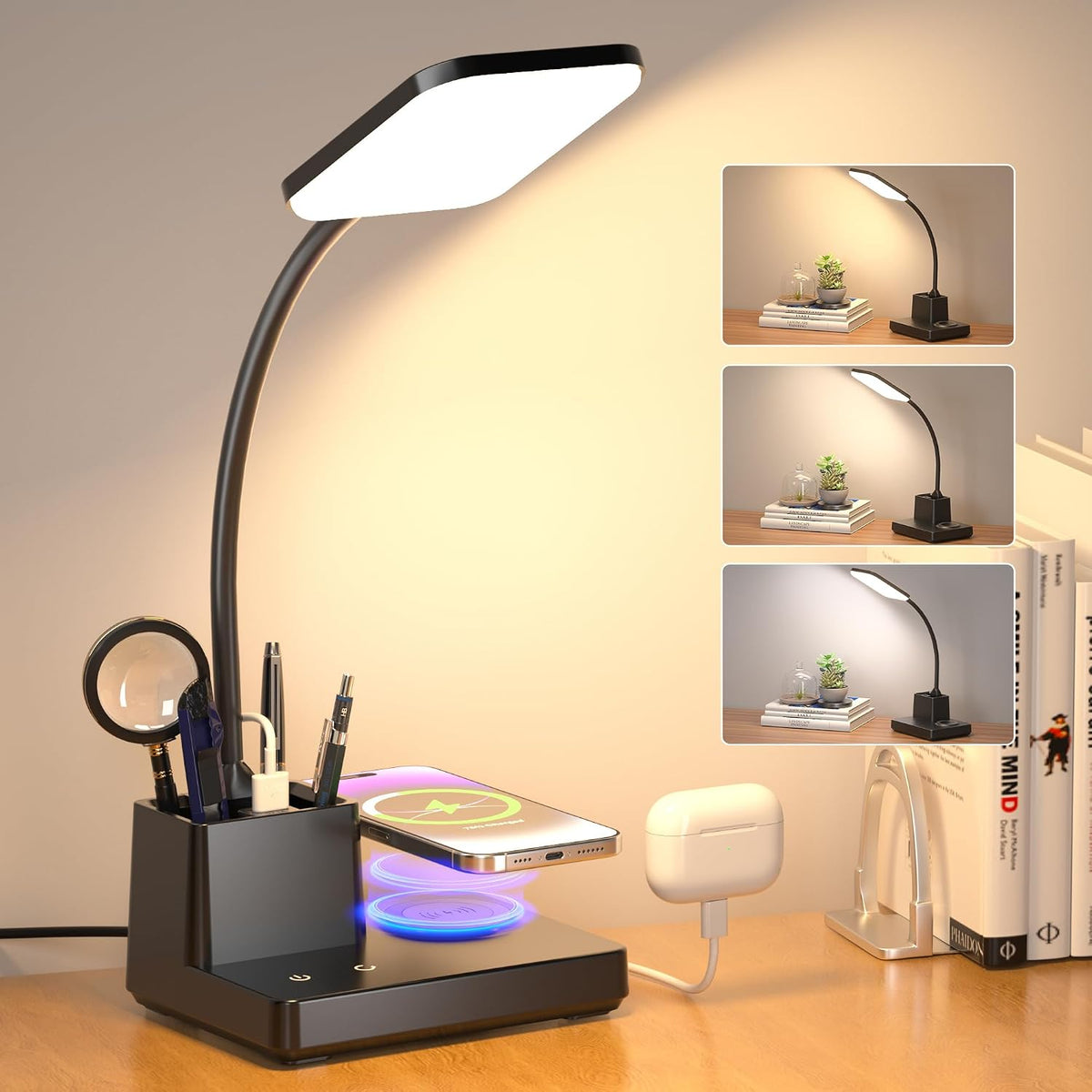 Lámpara Lámpara de escritorio de carga inalámbrica con carga USB y soporte para bolígrafo, color negro mate
